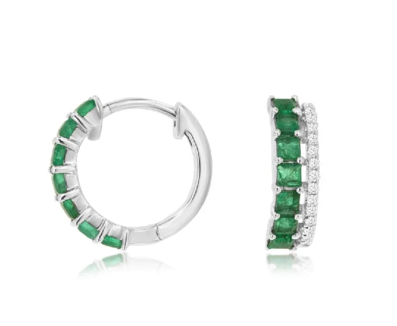 Designer Silver Earrings for Women-14k white gold emerald and diamond hinged hoop