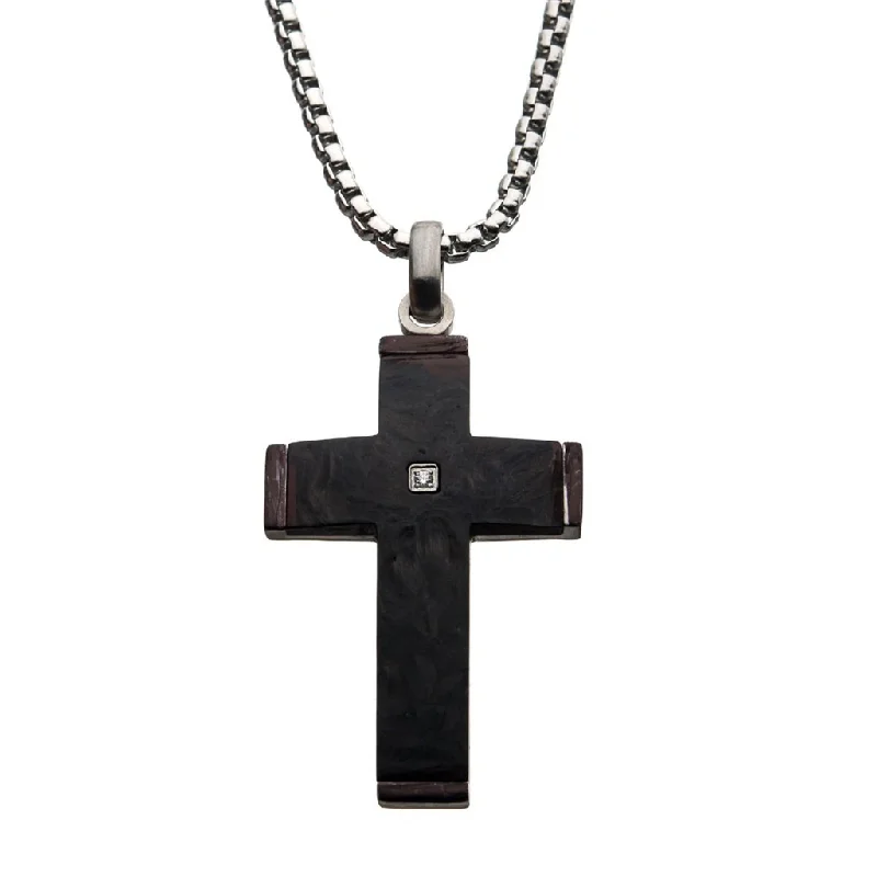 Floral Necklaces-Stainless Steel Carbon Fiber Diamond Accent Cross Pendant Necklace