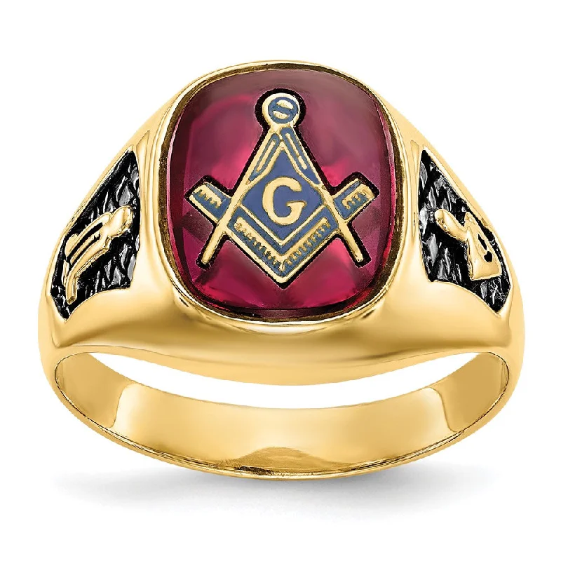 Custom Classic Wedding Rings for Men-Solid 14k Yellow Gold Men's Synthetic Simulated Ruby Masonic Ring