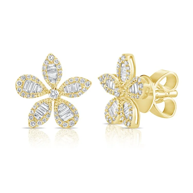 Simple Gold Drop Earrings-Baguette + Pave Diamond Flower Studs