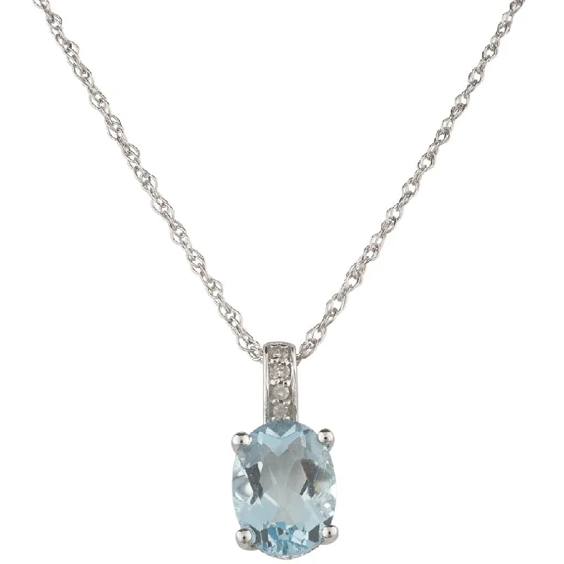 Double Chain Necklaces-March Birthstone Pendant: 14K White Gold Diamond And Oval Aquamarine Pendant Necklace