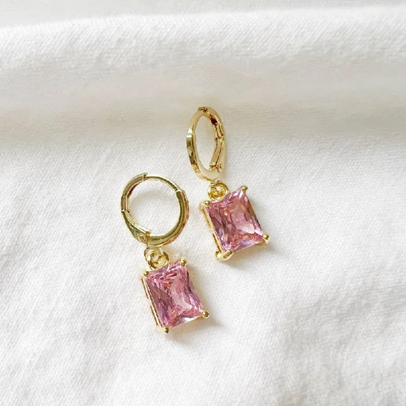 Colorful Hoop Earrings for Women-Arden Pink CZ Baguette Huggie Hoops Gold Filled Earrings