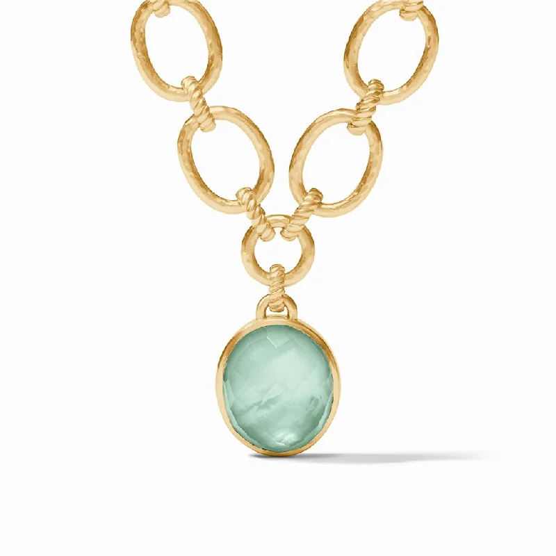 Designer Necklaces-24K Yellow Gold Overlay 'Nassau' Statement Necklace With Iridescent Aquamarine Blue Crystal