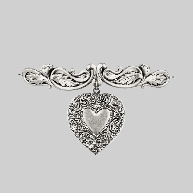 Vintage Style Necklaces-LOVE STRUCK. Ornate Heart Choker - Silver