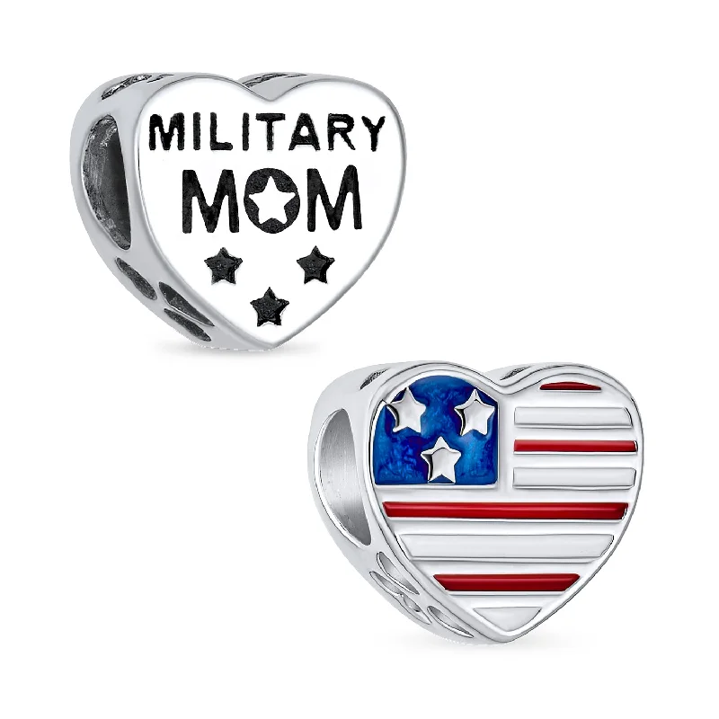 Men’s Stainless Steel Bracelets-Heart Shape USA Flag Military Mom Charm Bead Sterling Silver for Bracelet