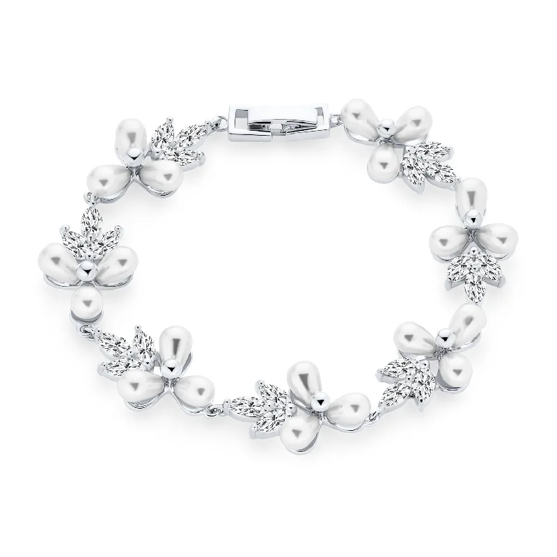 Stainless Steel Bracelets for Men-Bridal Strand Bracelet with CZ Flowers & Freshwater Pearl Silver Plated 6.5-7.25"