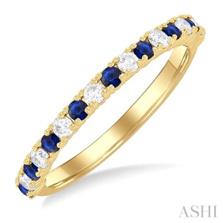 Custom Vintage Wedding Rings-1.80 MM Round Shape Sapphire and 1/4 ctw  Round Cut Diamond Precious Stack Band in 10K Yellow Gold