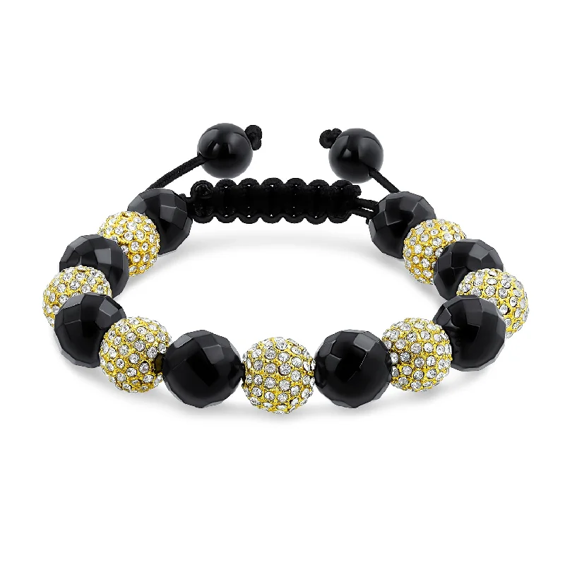 Sports Bracelets for Active Lifestyles-Black Gold Tone Pave Crystal Strand Bracelet for Men with Ball Black Cord