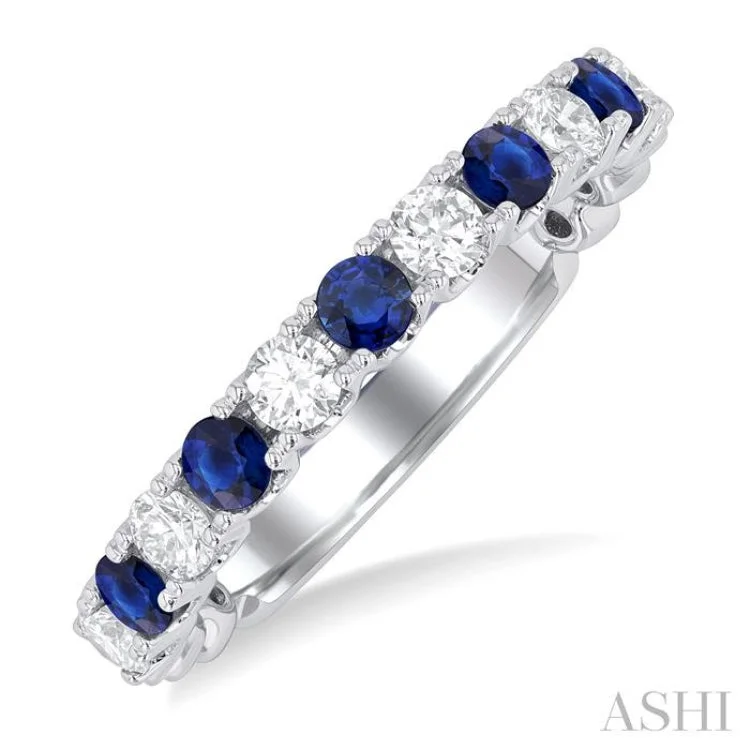 Men’s Custom Rings-2.6 MM Sapphire and 3/8 ctw Round Cut Diamond Precious Wedding Band in 14K White Gold