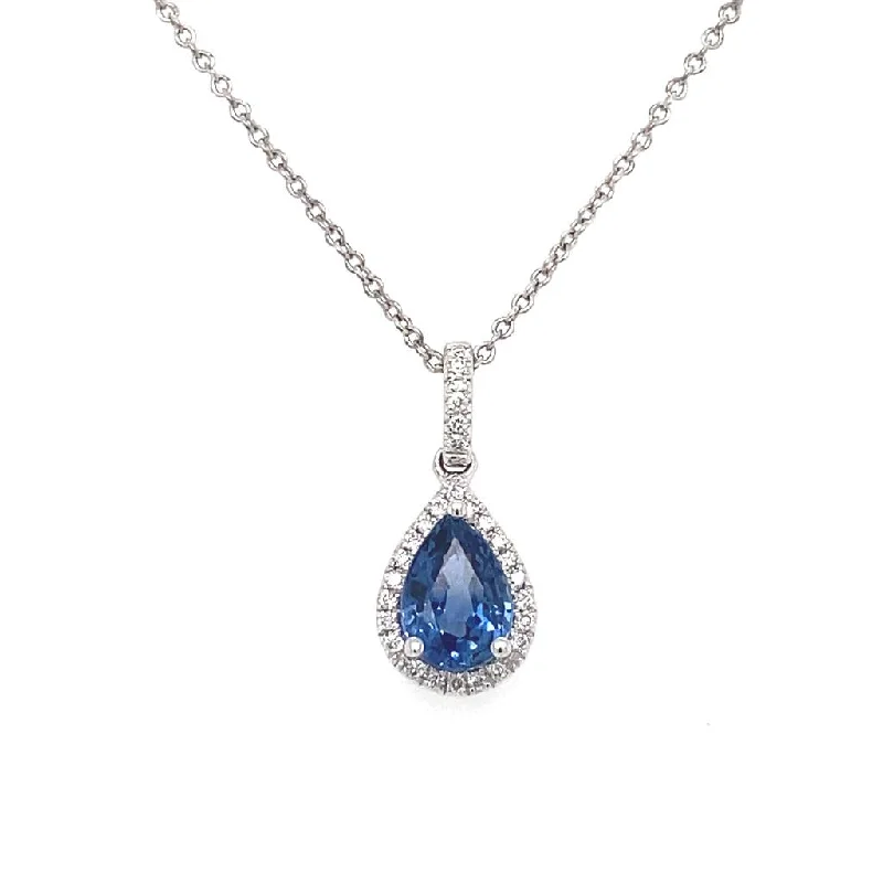 Silver Necklaces-14K White Gold Pear Shaped Sapphire Pendant Necklace