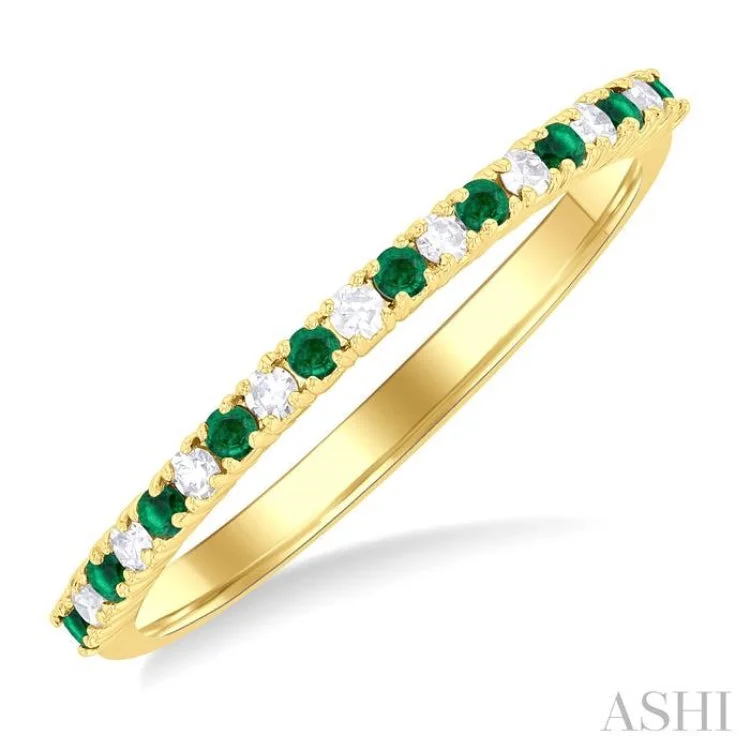 Custom Stackable Wedding Rings-1.35 MM Round Shape Emerald and 1/10 ctw Petite Round Cut Diamond Precious Stack Band in 10K Yellow Gold