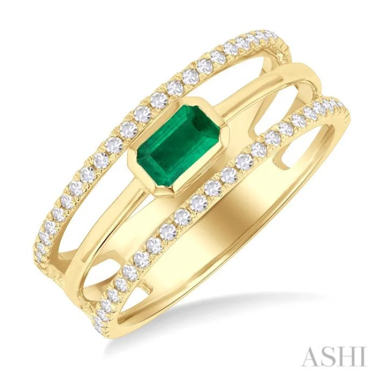 Women’s Engagement Rings with Diamonds-5x3 MM East- West Emerald and 1/4 ctw Single Cut Diamond Triple Split Precious Ring in 10K Yellow Gold