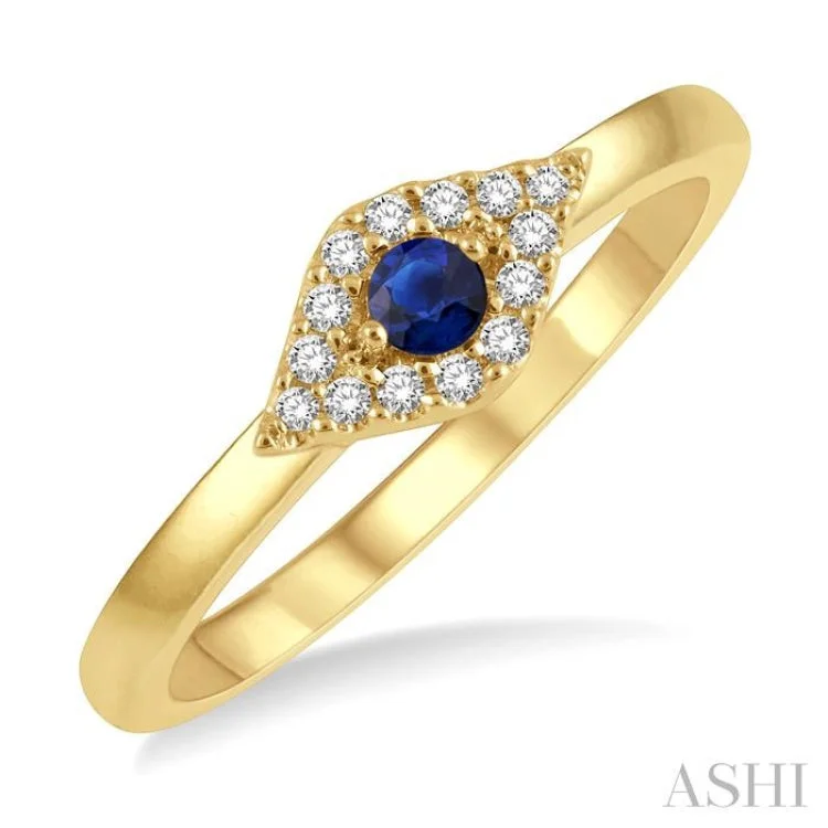 Personalized Promise Rings with Gemstones-2.60 MM Round Shape Sapphire and 1/10 ctw Evil Eye Petite Round Cut Diamond Precious Ring in 14K Yellow Gold