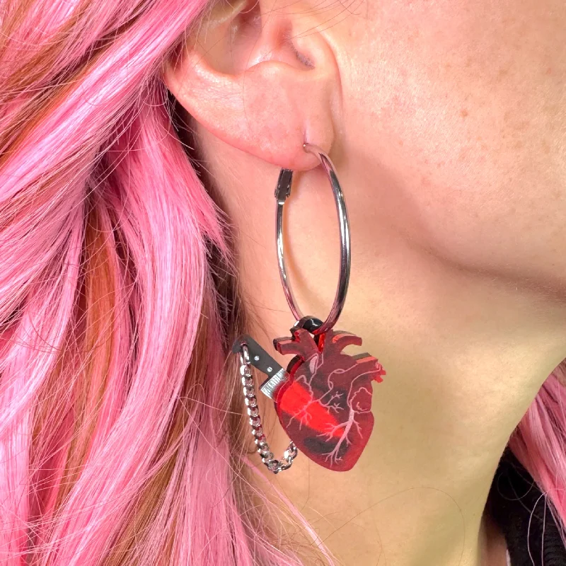 Bohemian Hoop Earrings-Chopped Heart Hoops Red/Silver/Black