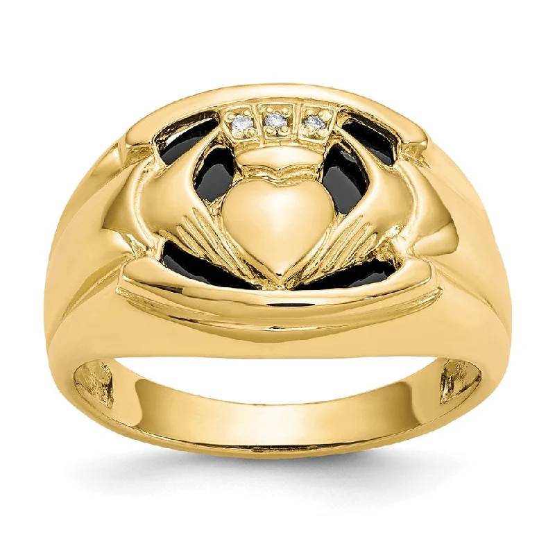 Handmade Promise Engagement Rings-10K Yellow Gold Men's Real Diamond and Black Onyx Claddagh Ring