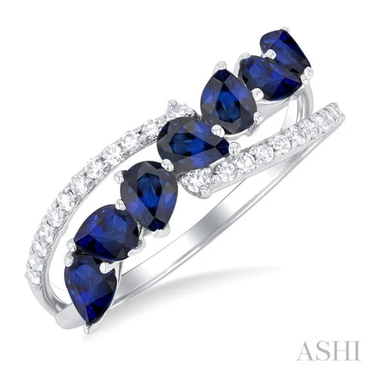 Custom Wedding Ring Designs-4x3 MM Pear Shape Sapphire and 1/6 ctw Single Cut Diamond Precious Fashion Ring in 14K White Gold