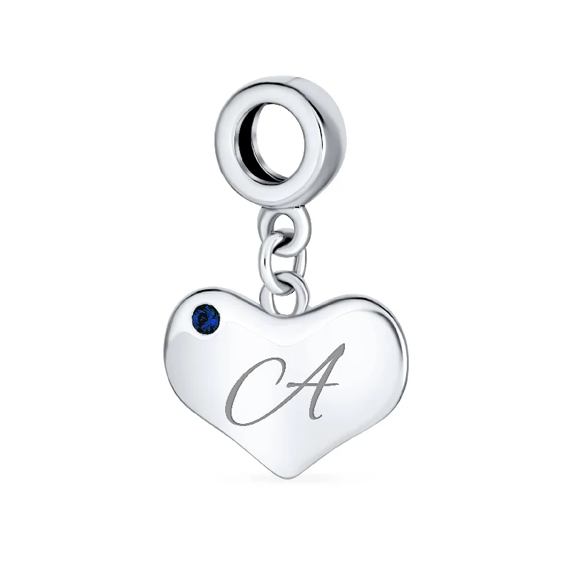 Elegant Bracelets for Evening Wear-Initial Alphabet Bead Charm A-Z Blue Sapphire Heart Dangle for European Bracelet