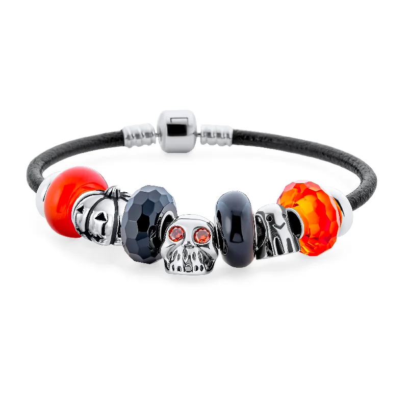 Black Beaded Bracelets for Women-Halloween Skull Ghost Pumpkin Charm Bracelet with Orange Glass Beads 6.5-8.5 Inch