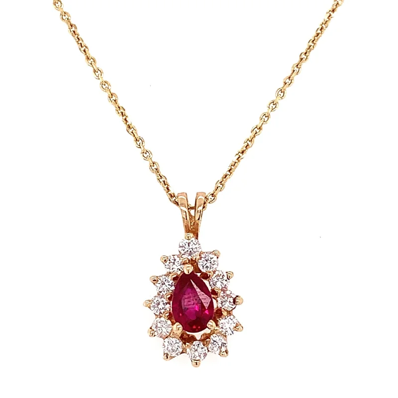 Bohemian Necklaces-Diamond Halo Ruby Pear Pendant Necklace