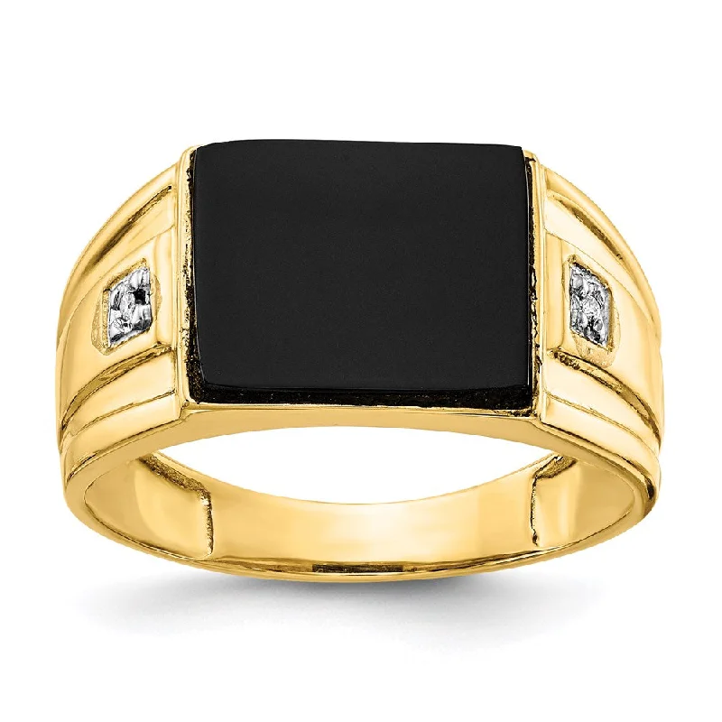 Unique Engagement Rings with Gemstones-14K Yellow Gold Men's Real Diamond and Black Onyx Signet Ring