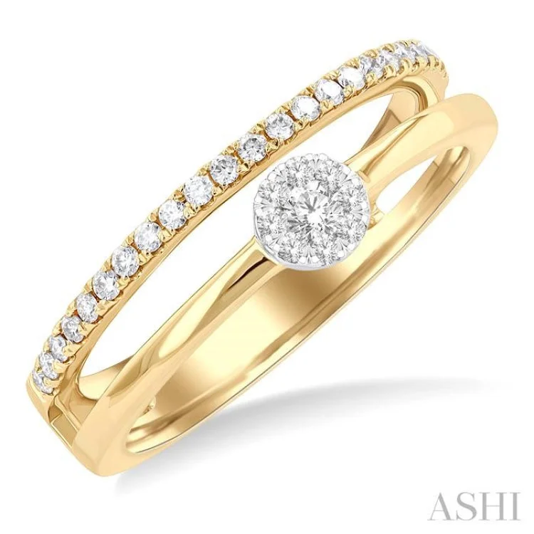 Unique Engagement Bands for Men-1/4 ctw Double Row Lovebright Round Cut Diamond Ladies Ring in 10K Yellow and White Gold