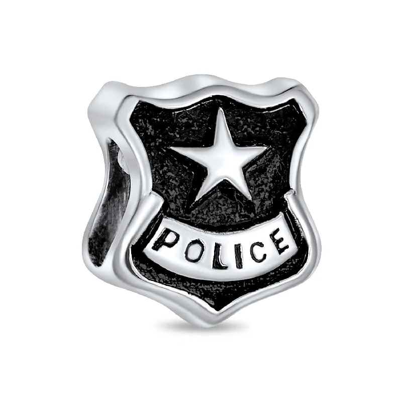 Wooden Beaded Bracelets-Serve Protect Officer Badge Charm Bead Sterling Silver for European Bracelet