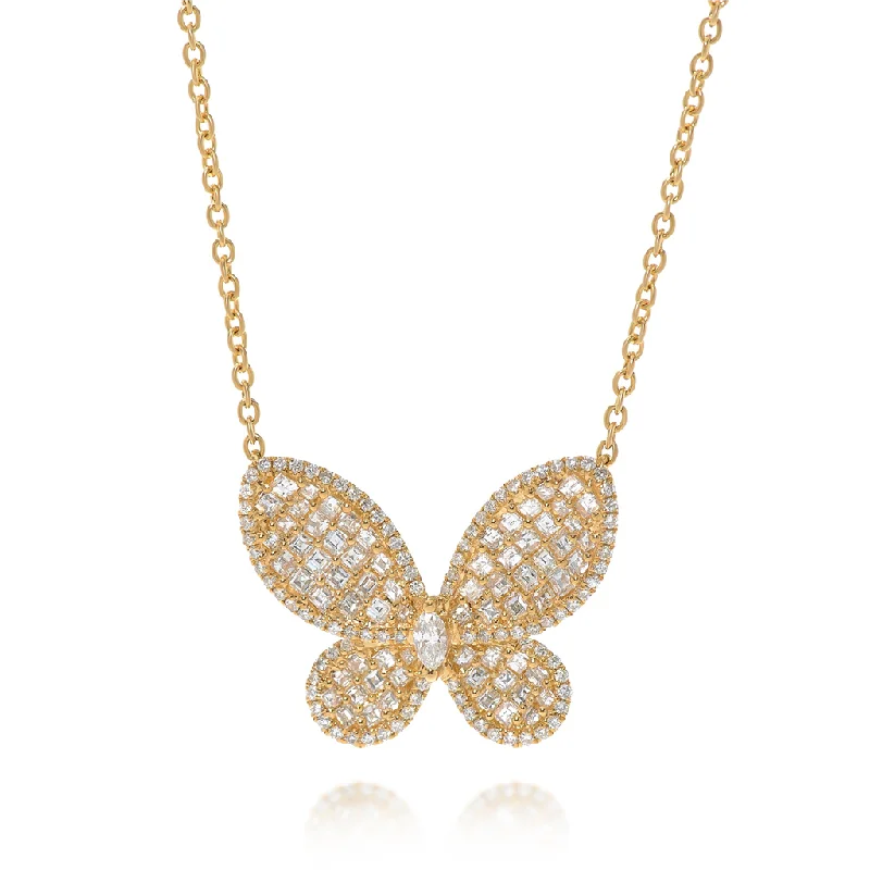 Animal Necklaces-18K Yellow Gold Diamond Butterfly Necklace