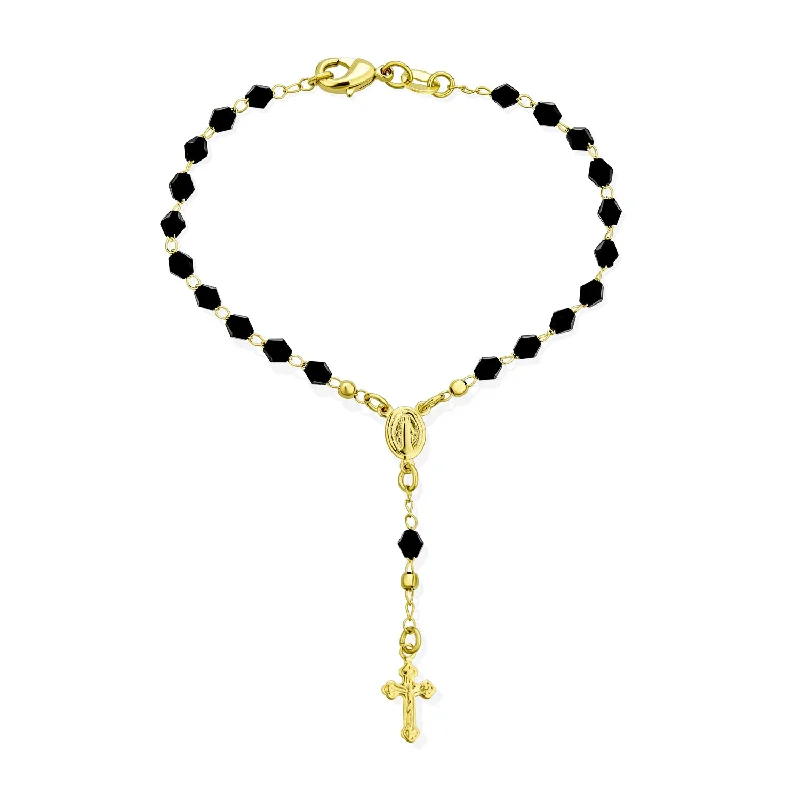 Bracelets with Initials-Christian Rosary-Bead Bracelet Black Beads Virgin Mary Crucifix 18K Gold 7-7.5 Inch