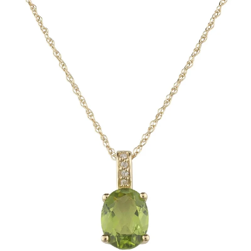 Trendy Choker Necklaces-August Birthstone Pendant: 14K Yellow Gold Diamond And Oval Peridot Drop Pendant Necklace