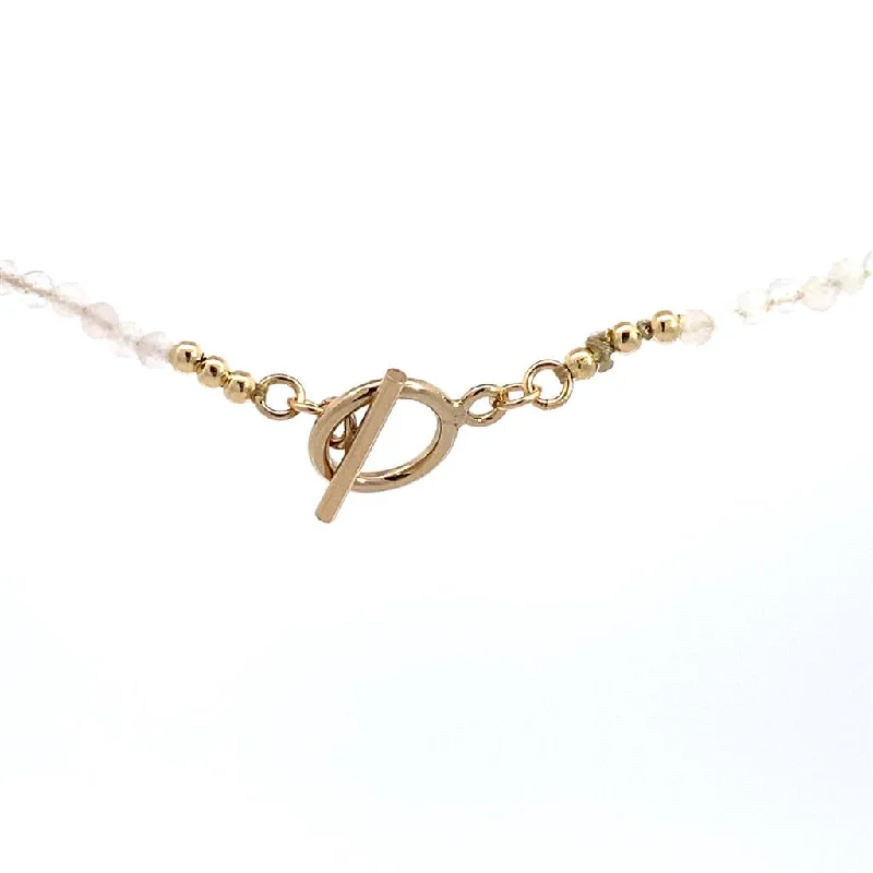 Modern Necklaces-Yellow Gold Filled Toggle Clasp Necklace With 3mm Faceted Rose Quartz Beads