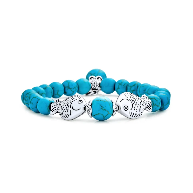 Elegant Leather Bracelets-Nautical Blue Turquoise Pisces Charm Stretch Bracelet with Silver Plated Beads