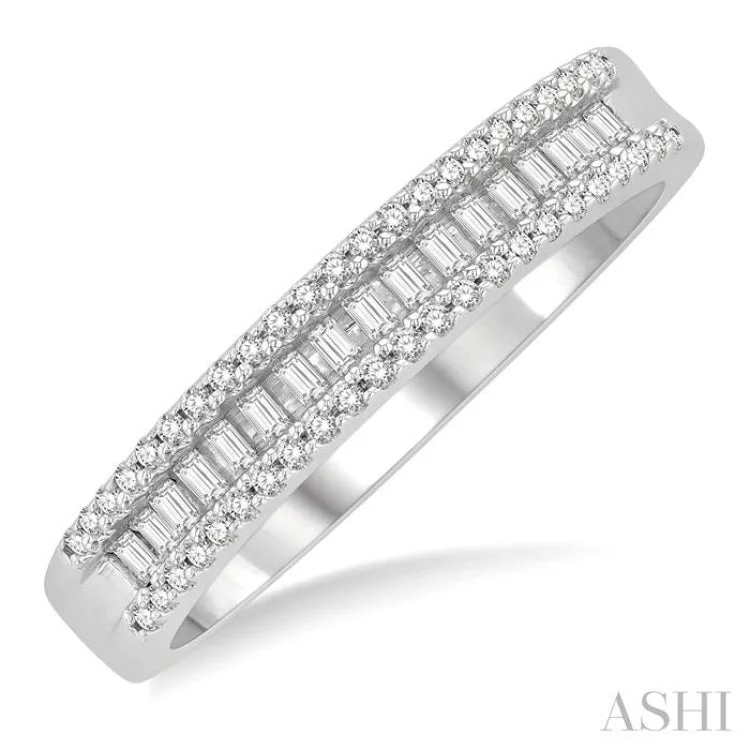 Personalized Engagement Ring Styles-1/3 ctw Baguette and Round Cut Diamond Stackable Fashion Band in 14K White Gold