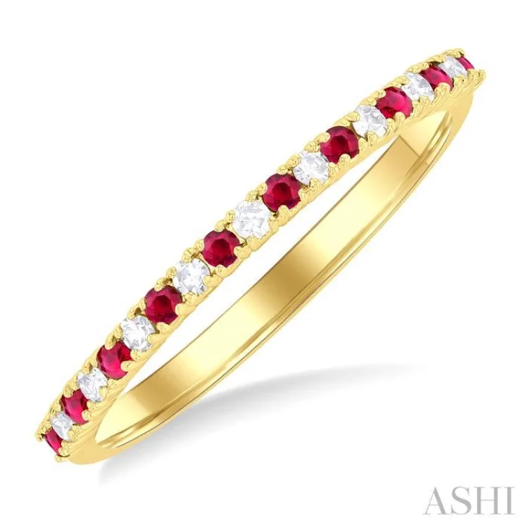 Custom Heart-Shaped Wedding Rings-1.35 MM Round Shape Ruby and 1/10 ctw Petite Round Cut Diamond Precious Stack Band in 10K Yellow Gold