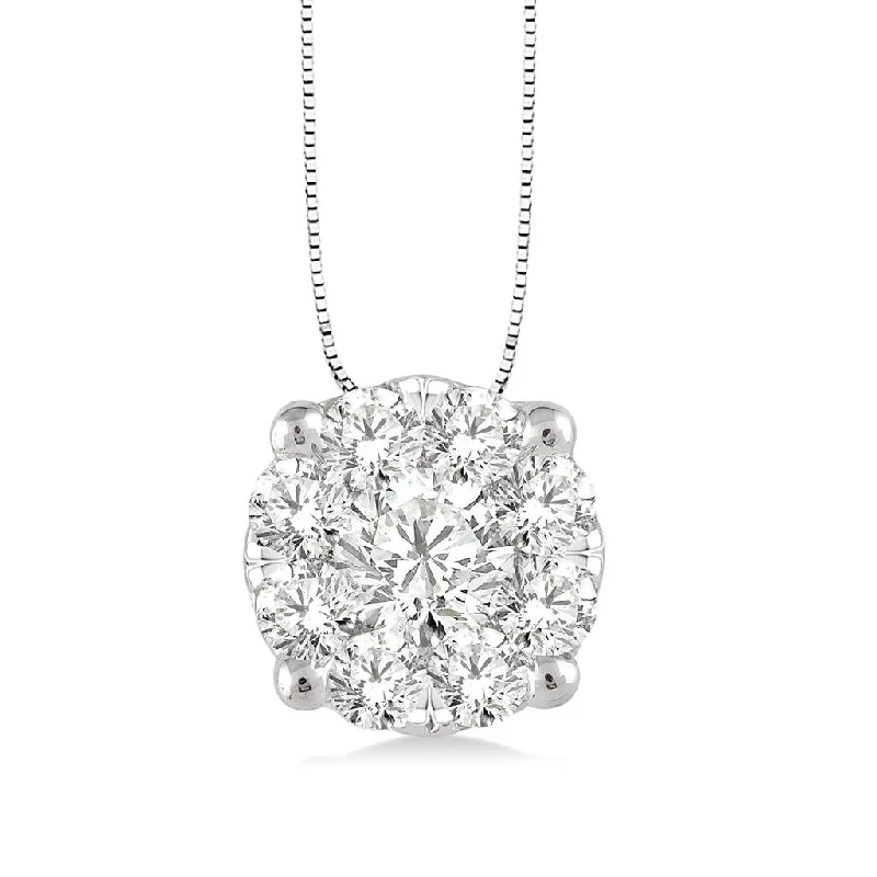 Engagement Necklaces-14K White Gold ‘Lovebright’ Diamond Cluster Pendant Necklace