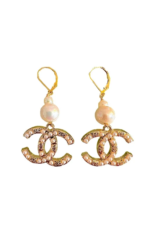 Small Drop Earrings-CC Gold & Pearl Dangle Earrings