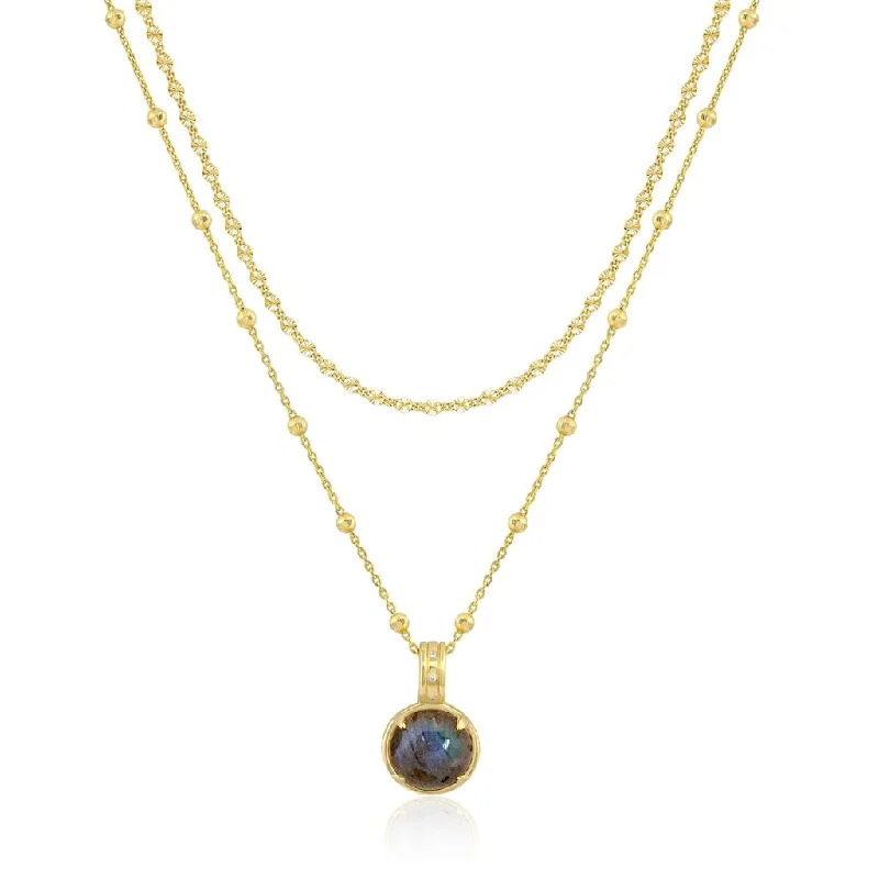 Luxury Gold Necklaces-14K Yellow Gold Overlay Double Layer Cabochon Labradorite Pendant Necklace