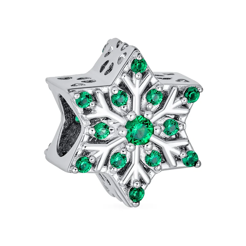 Matching Bracelets for Couples-Christmas Charm Bead Green Crystal Snowflake for European Bracelet Sterling Silver