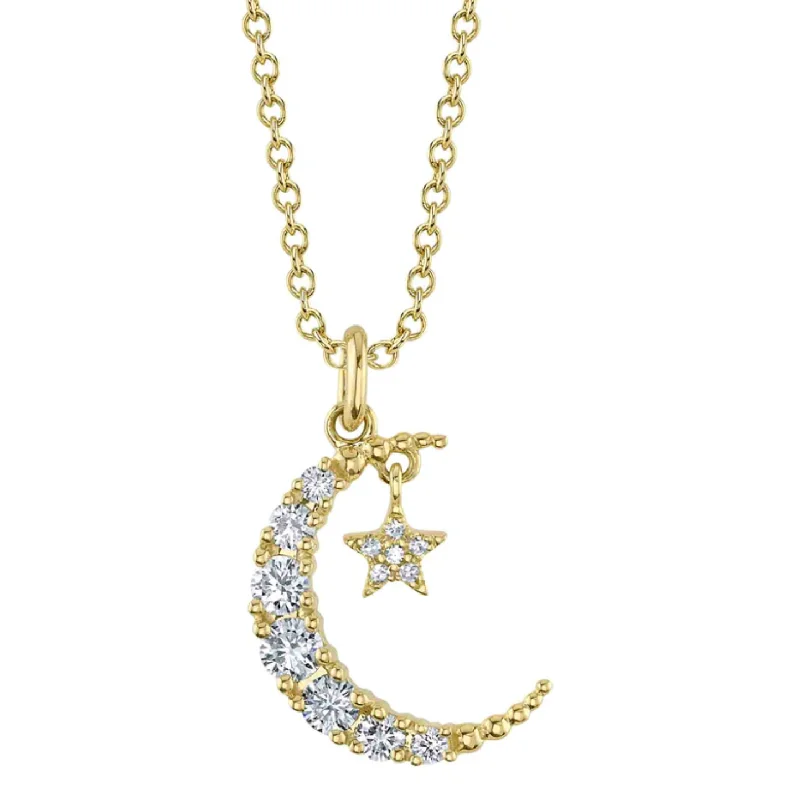 Emerald Necklaces-14k Yellow Gold Diamond Crescent Moon & Star Pendant