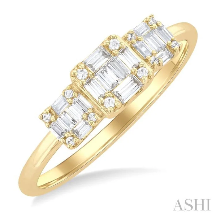 Fashionable Engagement Rings with Birthstones-1/4 ctw Past, Present & Future Baguette and Round Cut Diamond Fusion Fashion Ring in 14K Yellow Gold