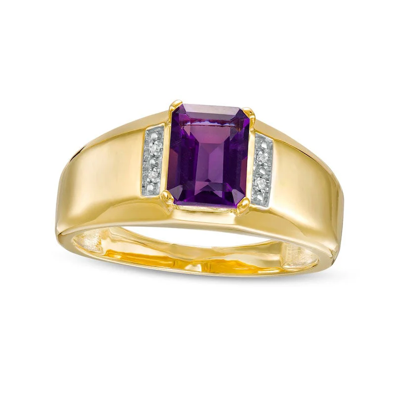 Vintage Custom Engagement Rings-Men's Emerald-Cut Amethyst and Natural Diamond Accent Collar Ring in Solid 10K Yellow Gold