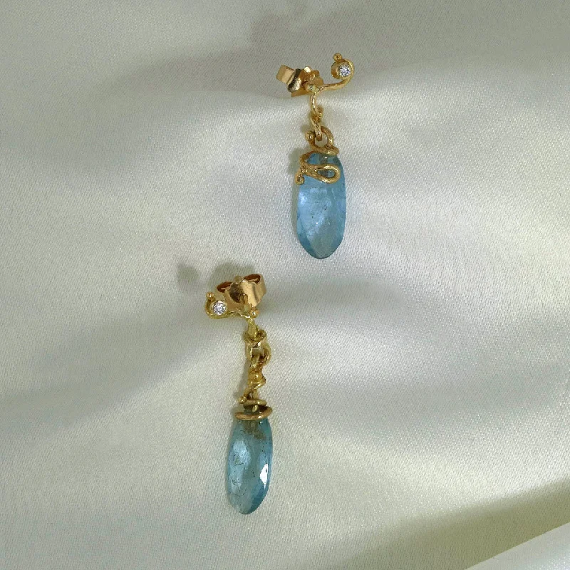 Unique Hoop Drop Earrings-Seafire 18K & 22K Gold Earring w. Aquamarines & Diamonds