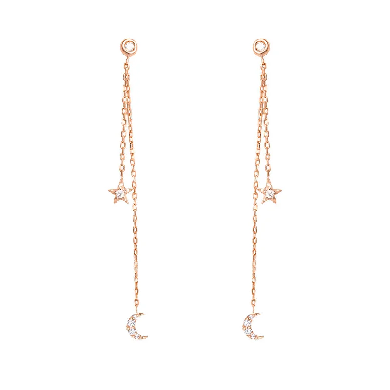 Simple Drop Hoop Earrings-Dancing Celestial Duo 18K Rose Gold Earring w. Diamonds