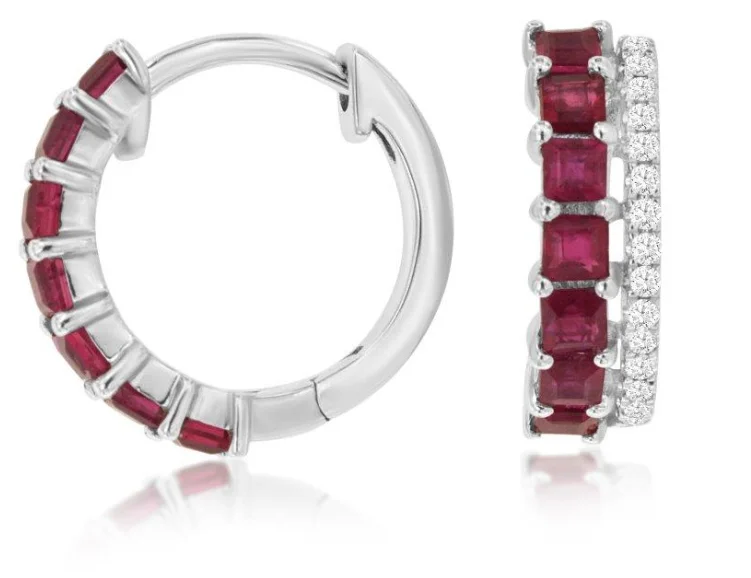 Colorful Drop Stud Earrings-14k white gold ruby and diamond hinged hoop earrings