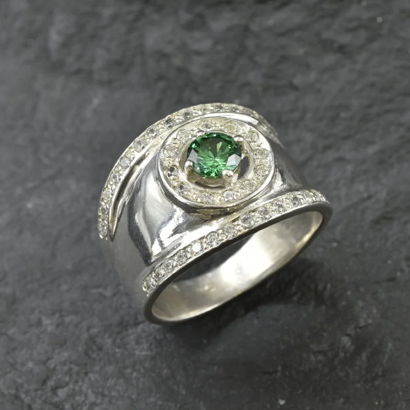 Custom Wedding Rings for Special Occasions-Wide Emerald Band - Green Round Ring - Chunky Vintage Ring