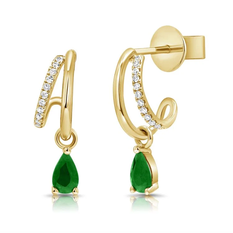 Handcrafted Gemstone Drop Earrings-Split Diamond Huggies with Pear Emerald Drop