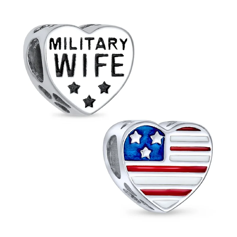 Chunky Silver Bracelets for Men-Heart Shape USA Flag Military Wife Charm Bead Sterling Silver for Bracelet