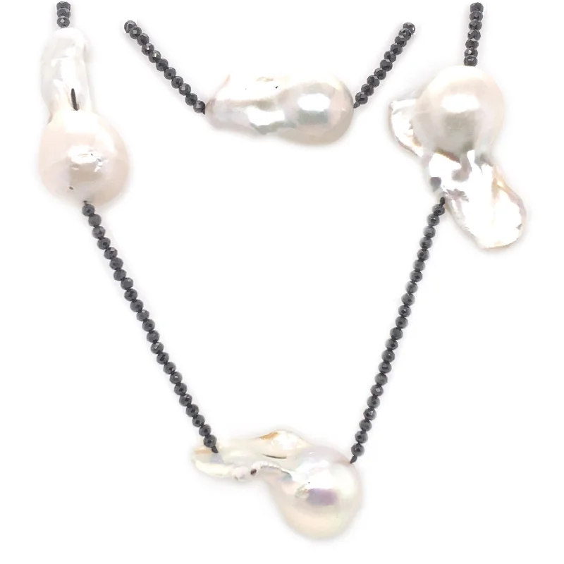 Art Deco Necklaces-Black Spinel & Baroque Pearls Necklace