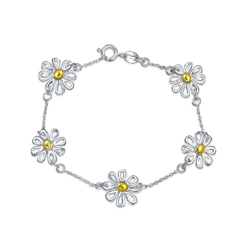 Statement Bracelets for Parties-Summer Two Tone Chain Link Bracelet with Sunflower Daisy Charm 14K Gold Plated Silver