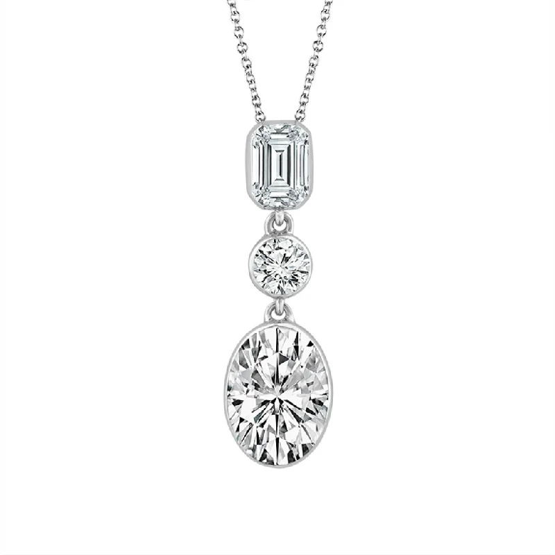 Creative Necklaces-14K White Gold Lab Grown 3 Stone Drop Pendant Necklace