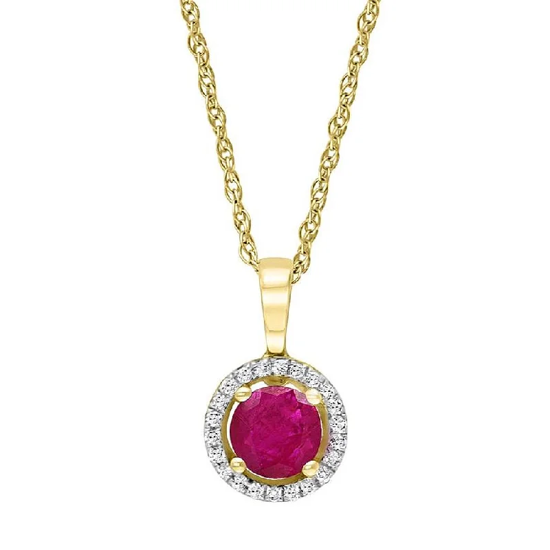 Gold Choker Necklaces-July Birthstone Pendant: 14K Yellow Gold Diamond And Ruby Halo Pendant Necklace